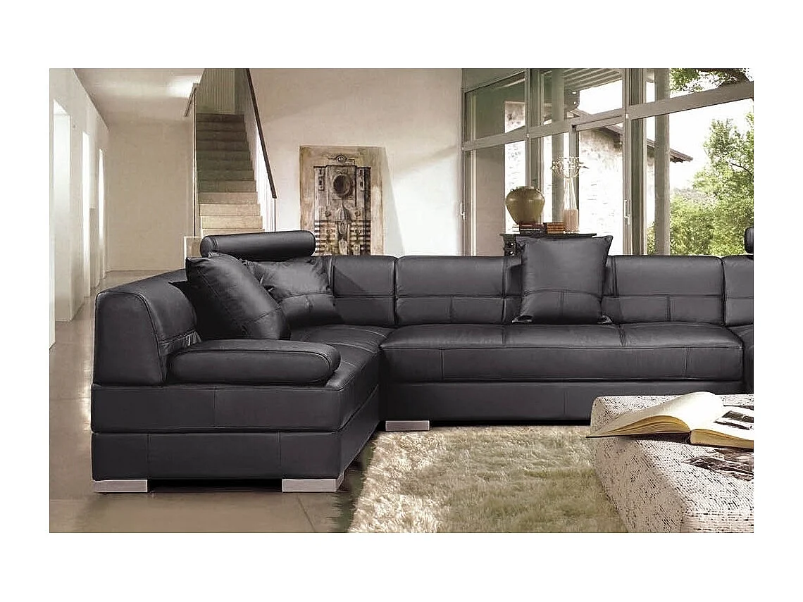 Canapé d'angle cuir italien 8 places NAPOLI, noir, angle gauche