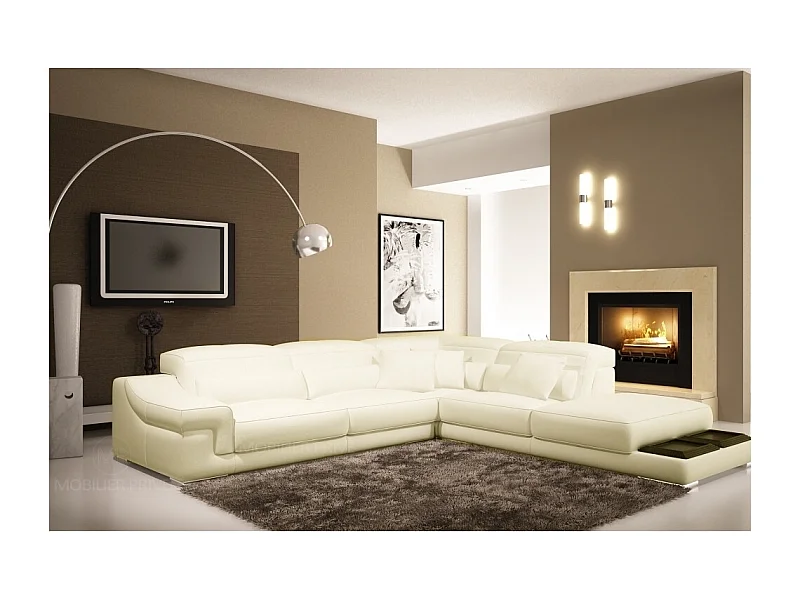 Canapé d'angle en cuir italien 6 places BELINO, écru, angle droit (voir plan sur photo) - Vénésetti