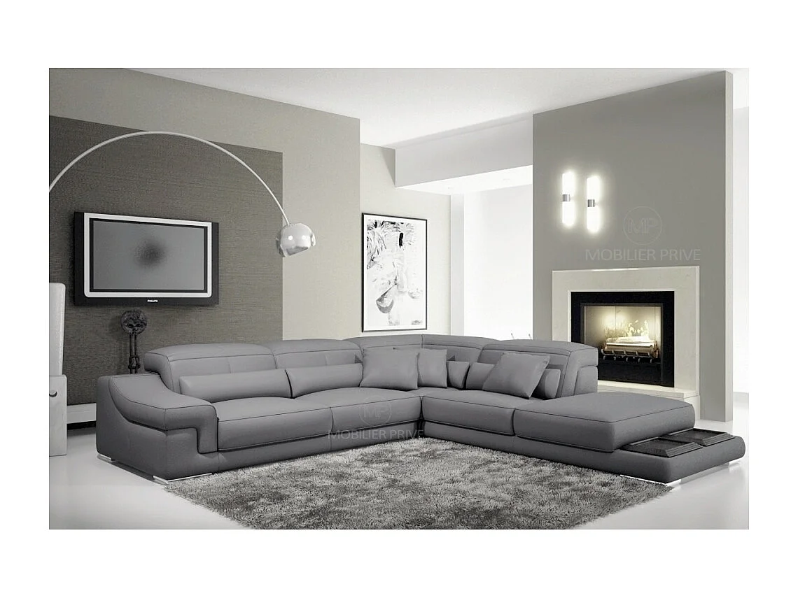 Canapé d'angle en cuir italien 6 places BELINO, écru, angle droit (voir plan sur photo) - Vénésetti