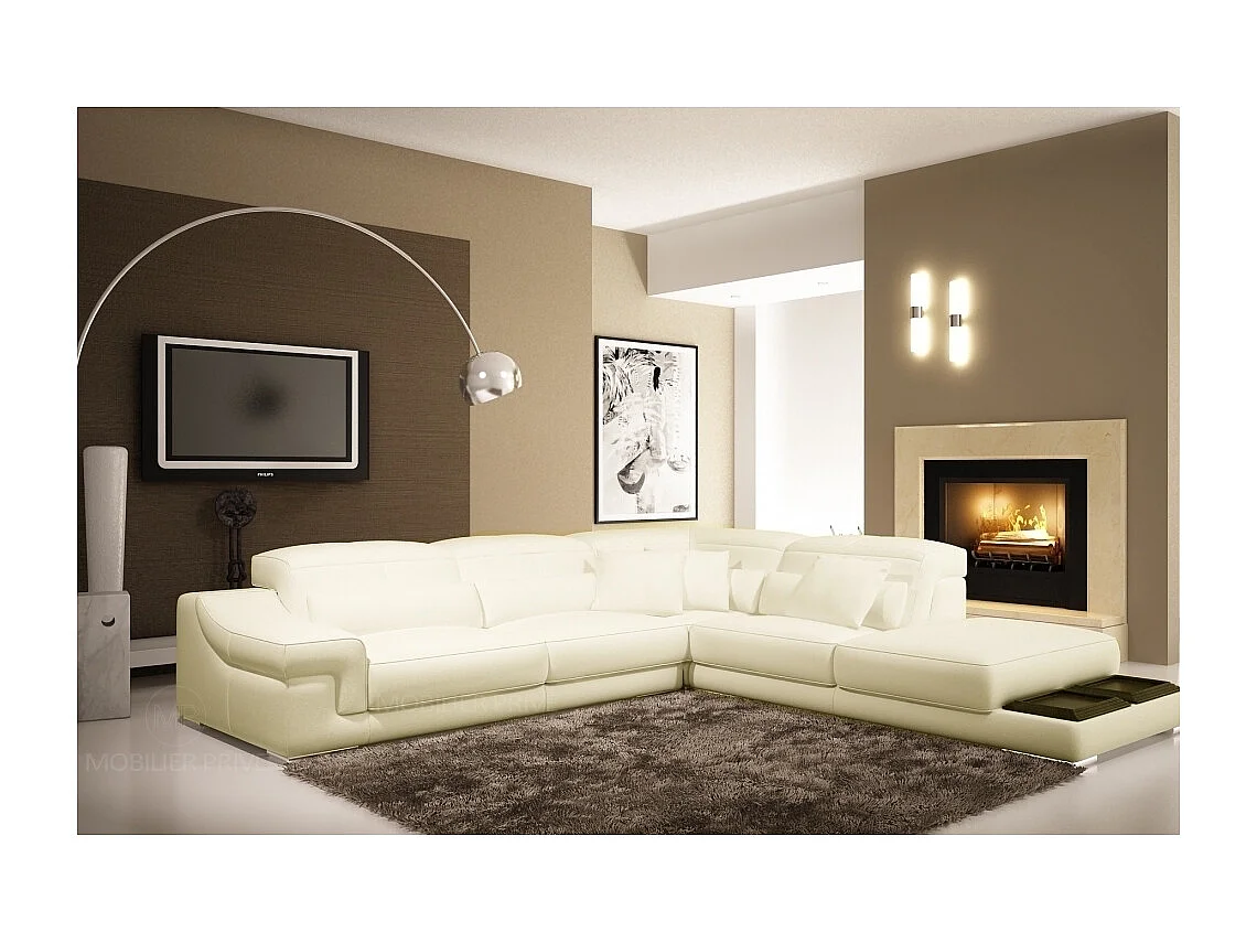 Canapé d'angle en cuir italien 6 places BELINO, écru, angle droit (voir plan sur photo) - Vénésetti