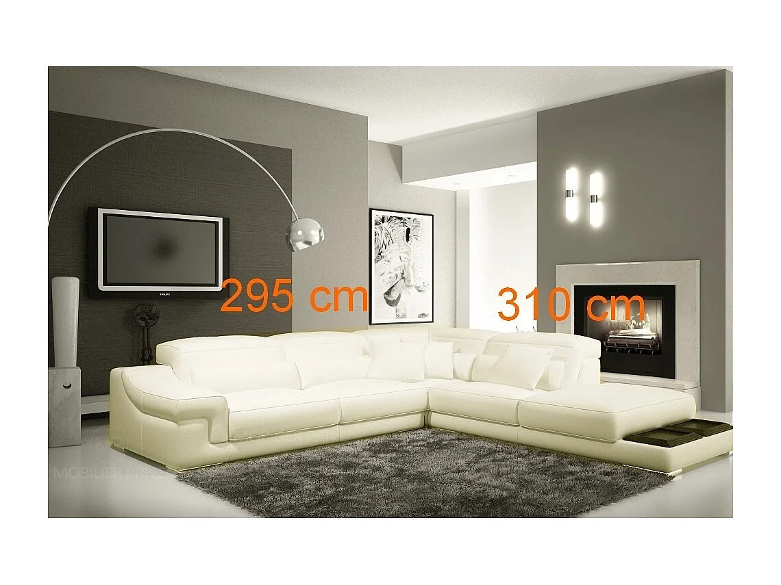 Canapé d'angle en cuir italien 6 places BELINO, écru, angle droit (voir plan sur photo) - Vénésetti