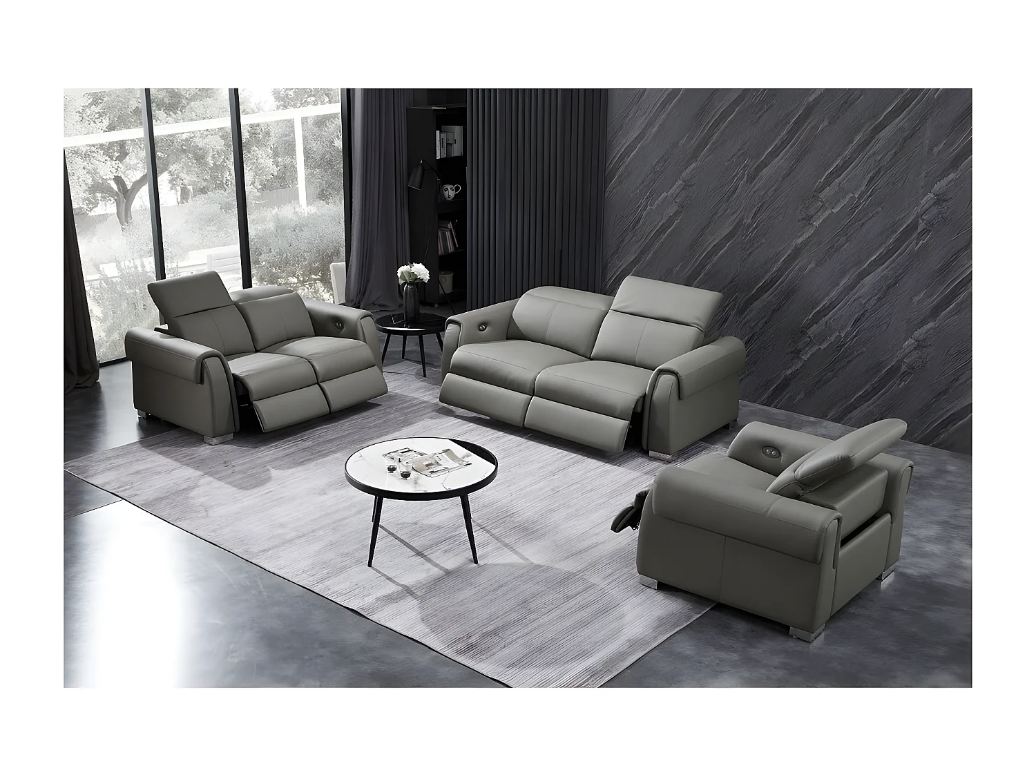 Canapé 3 places avec 2 relax électriques en cuir italien buffle TOPRELAX, gris foncé