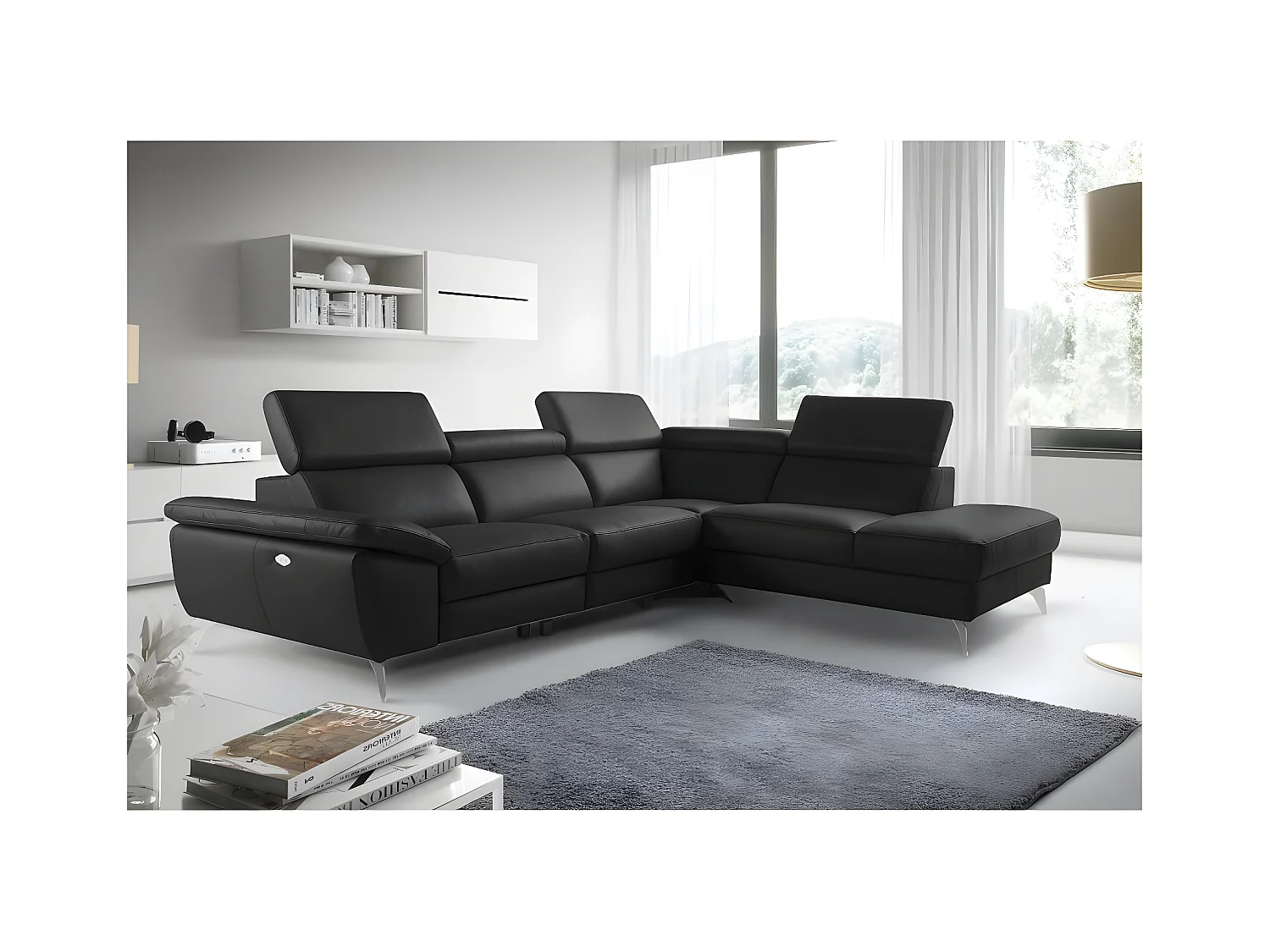Hoekbank met relaxfunctie van luxe Italiaans leer met elektrische relax, 5/6 plaatsen KASTER, zwart