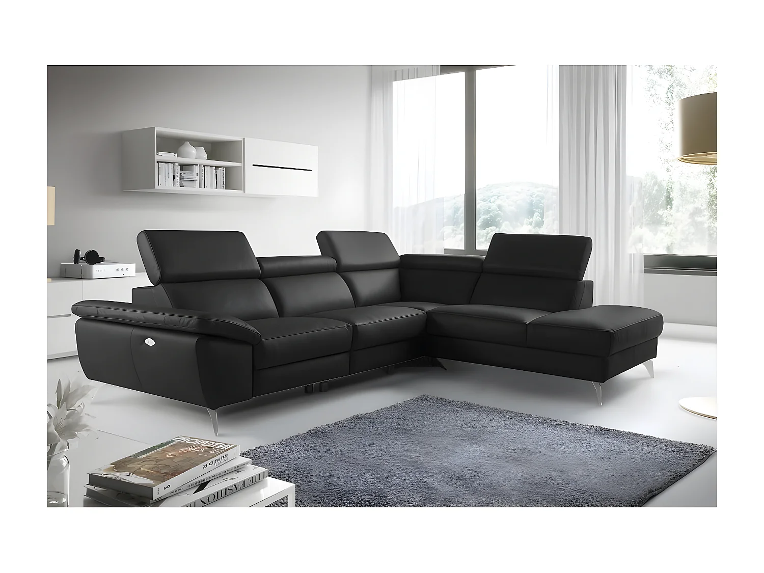 Canapé d'angle relax en 100% tout cuir épais de luxe italien avec relax électrique, 5/6 places KASTER, noir, angle droit