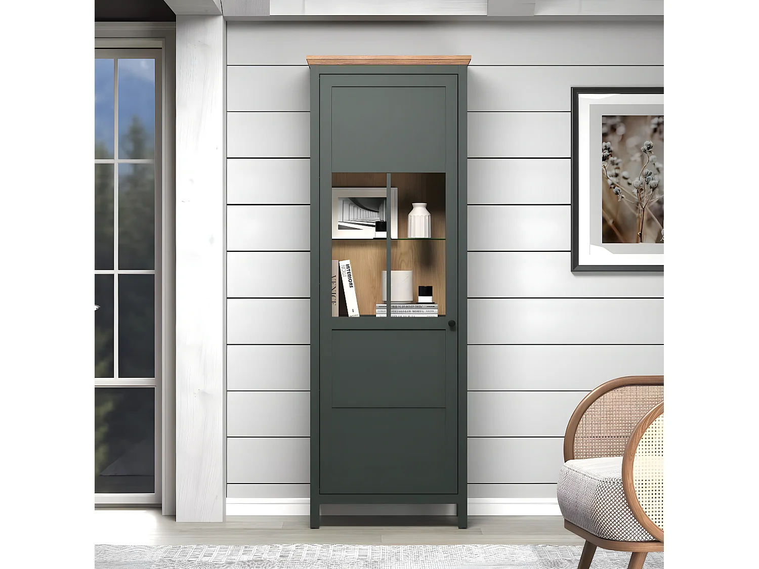 Stanton vitrinekast groen, eik decor.