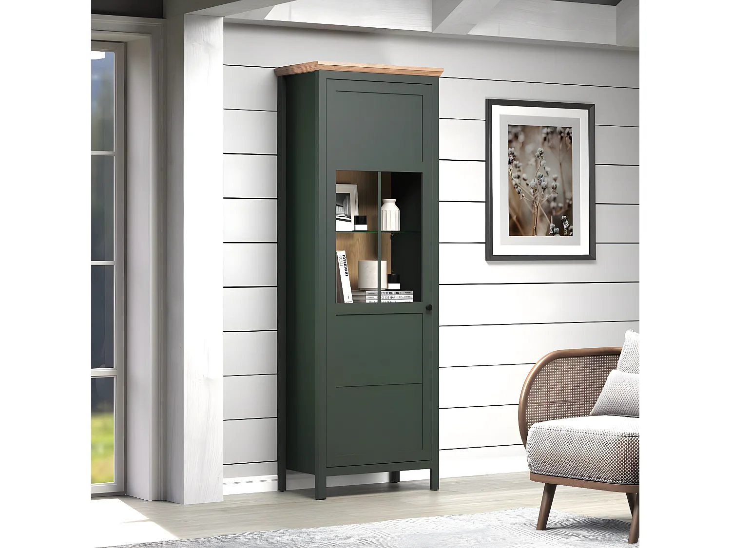 Stanton vitrinekast groen, eik decor.