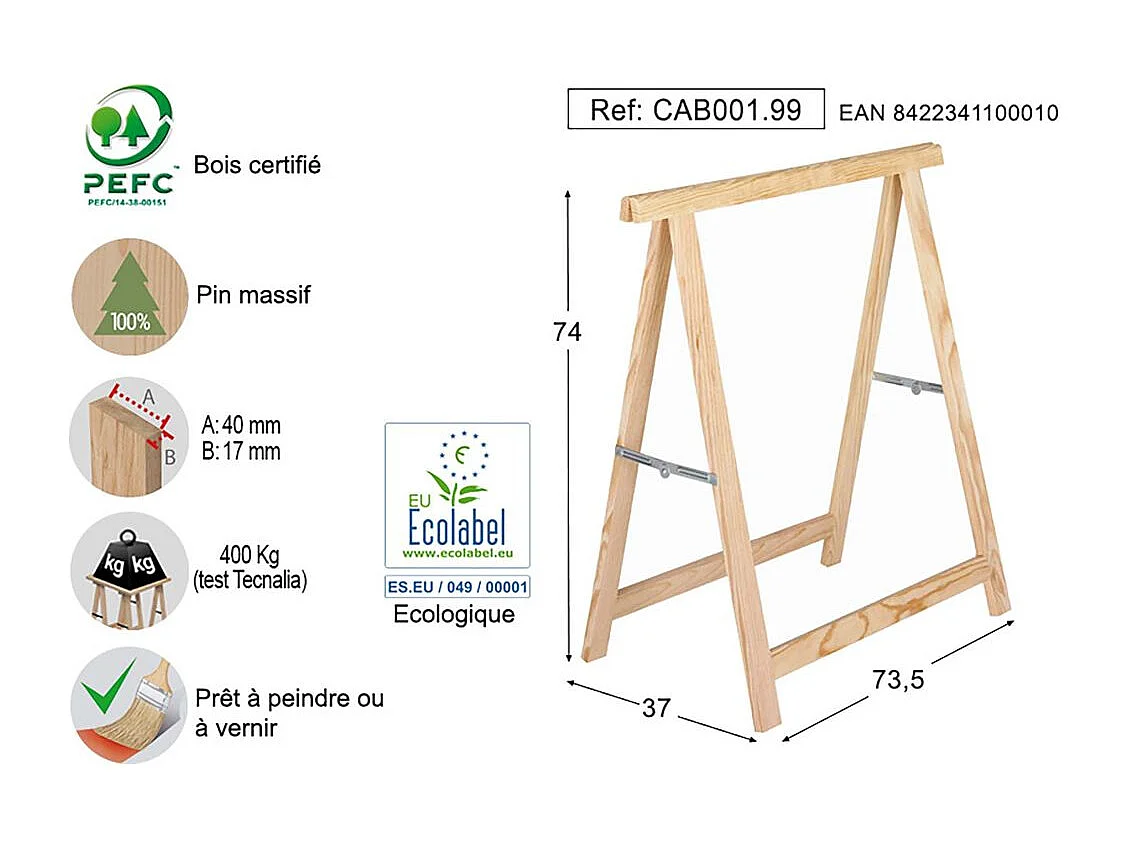 Tréteau en pin standard section 40x17 mm Lot de 4