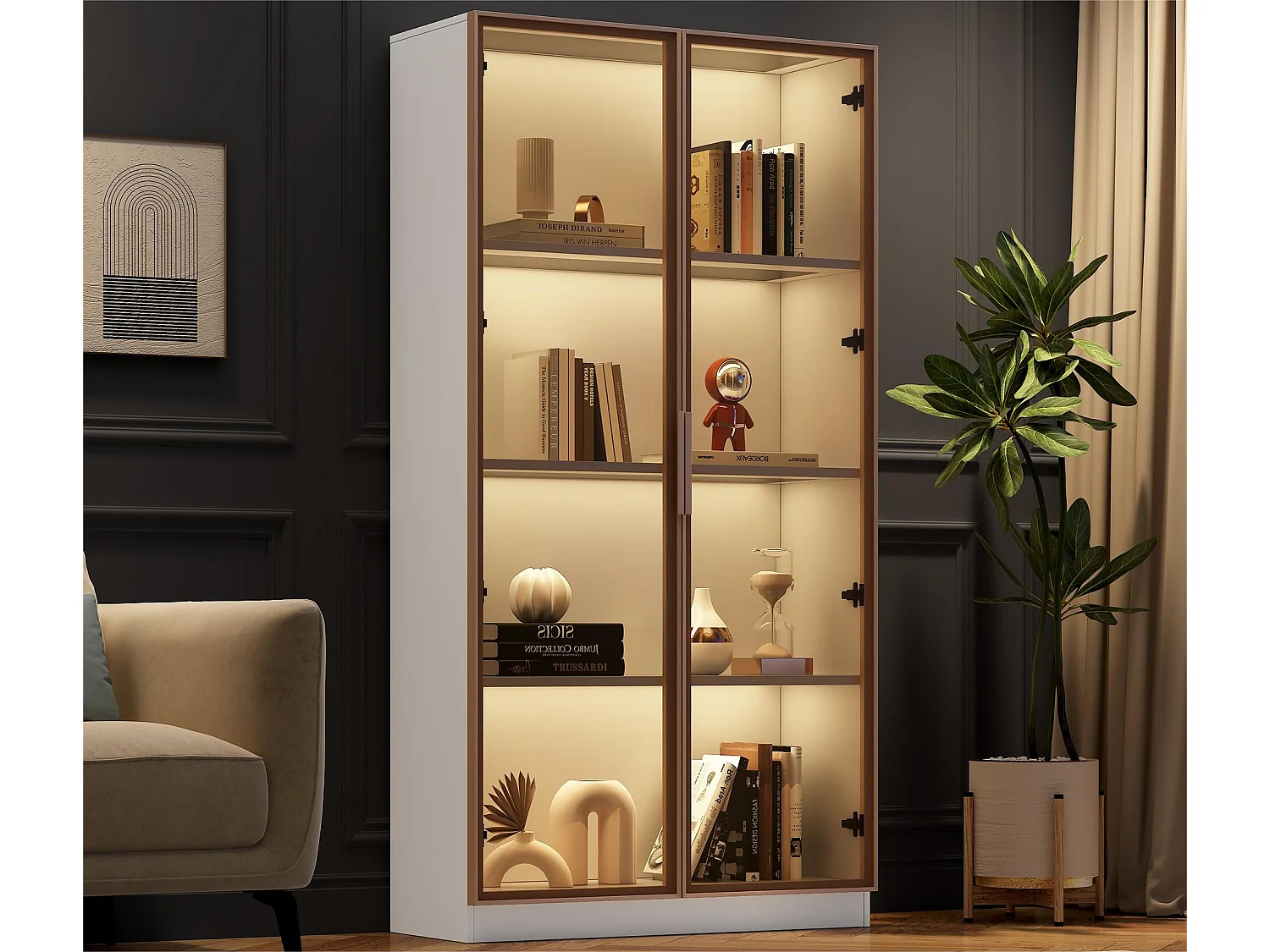 Vitrina moderna con luces LED en 16 colores - Al. 160 cm - 2 puertas con estantes extraíbles - Transparente