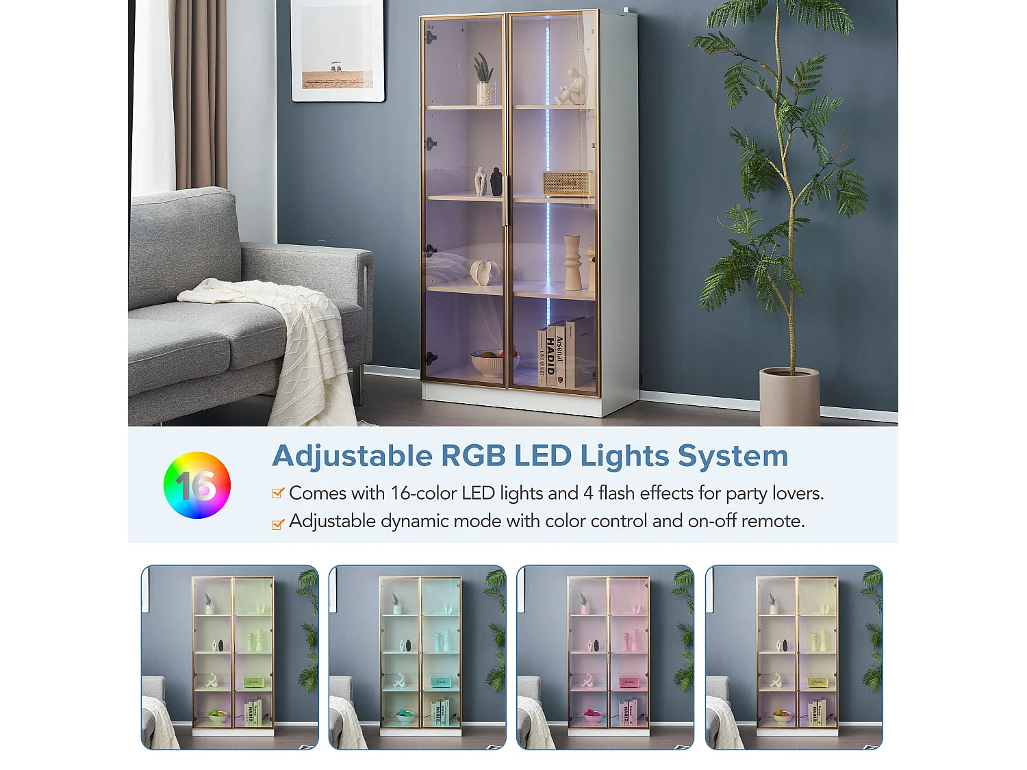 Vitrina moderna con luces LED en 16 colores - Al. 160 cm - 2 puertas con estantes extraíbles - Transparente