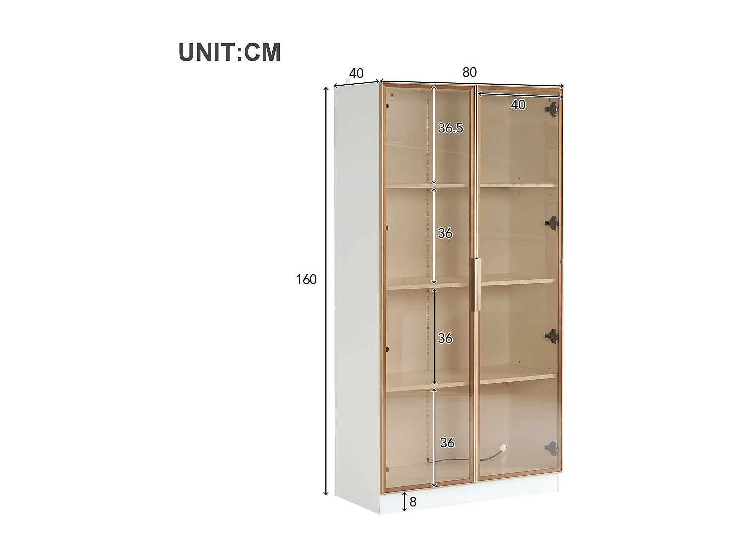 Vitrina moderna con luces LED en 16 colores - Al. 160 cm - 2 puertas con estantes extraíbles - Transparente