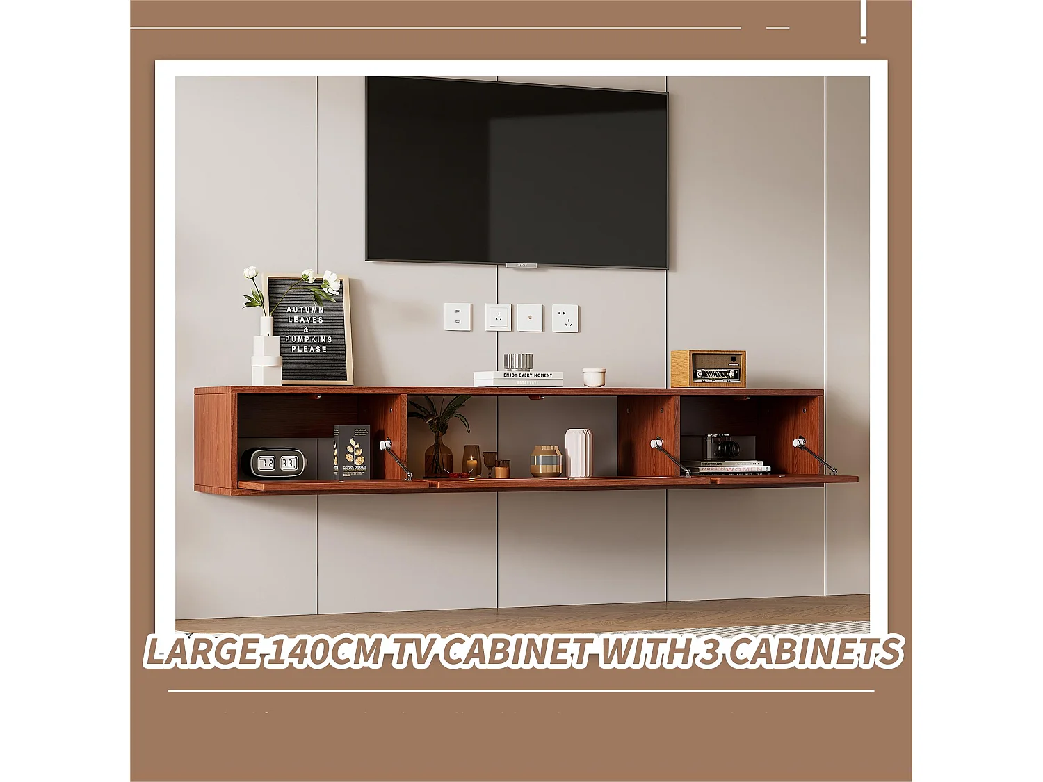 Hangend TV-meubel 140cm - 3 klapvakken - Bruin