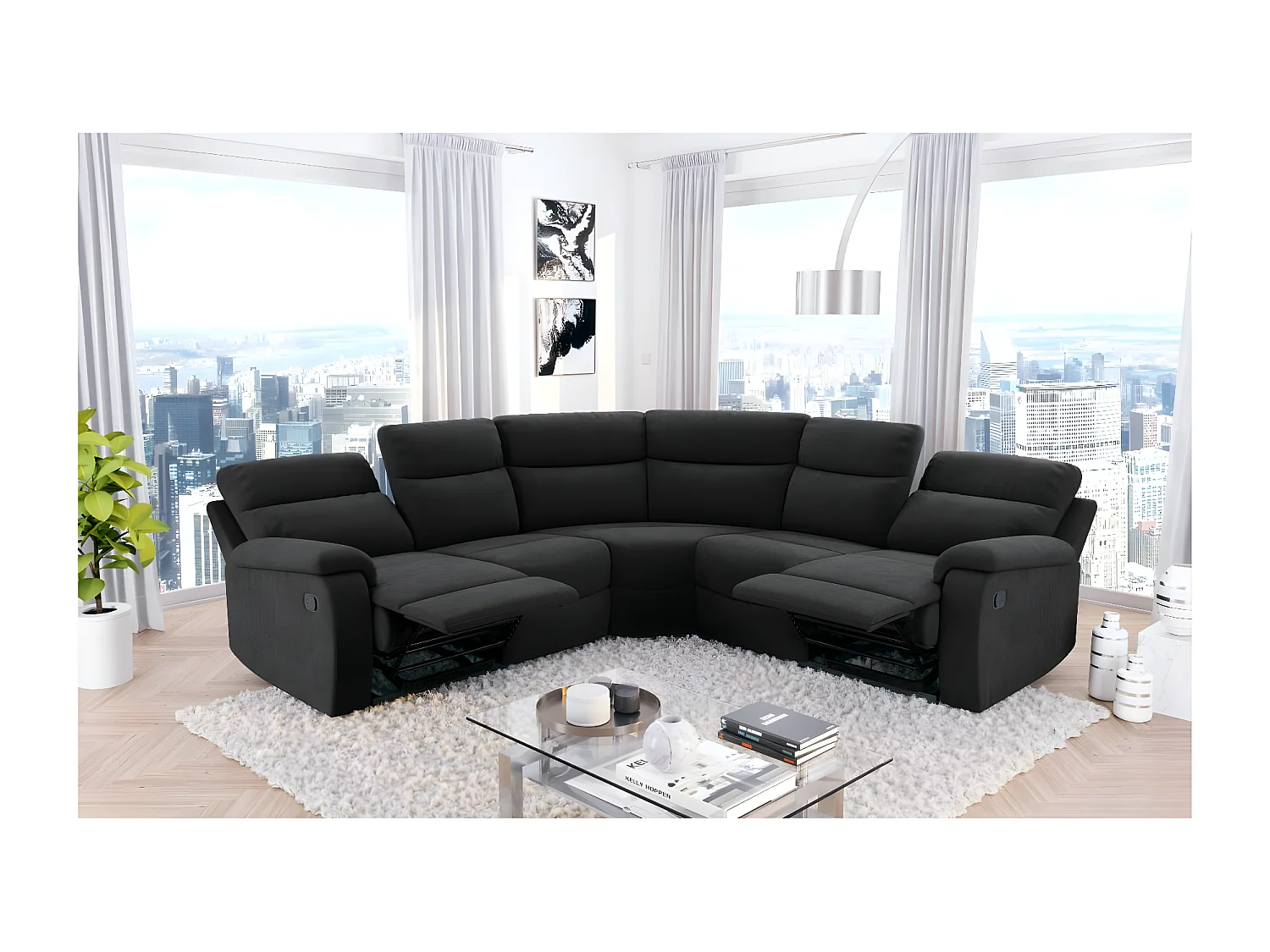 Canapé d'angle de Relaxation Oscar 5 places en Microfibre - Noir - L238 x P238 x H99cm - Loungitude