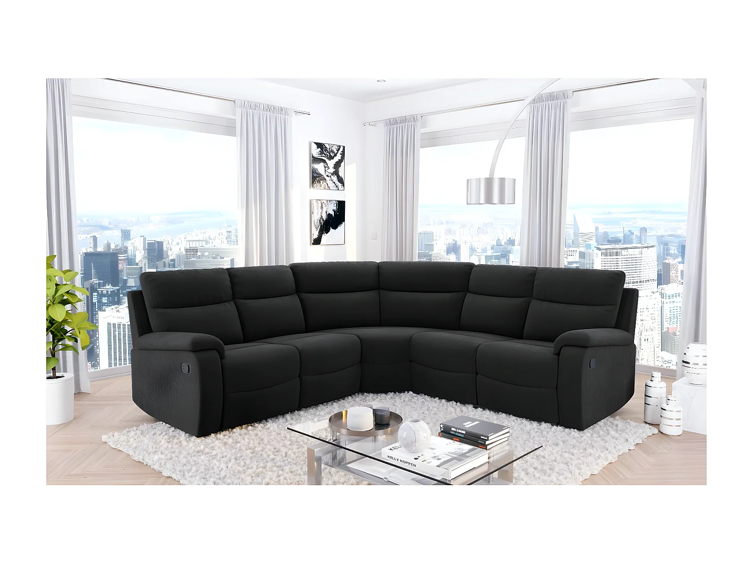 Canapé d'angle de Relaxation Oscar 5 places en Microfibre - Noir - L238 x P238 x H99cm - Loungitude