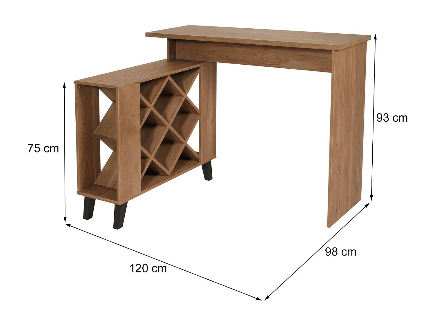 Tavolo alto da bar con cantinetta portabottiglie MCW-M45 93x120x98cm legno effetto 3D marrone