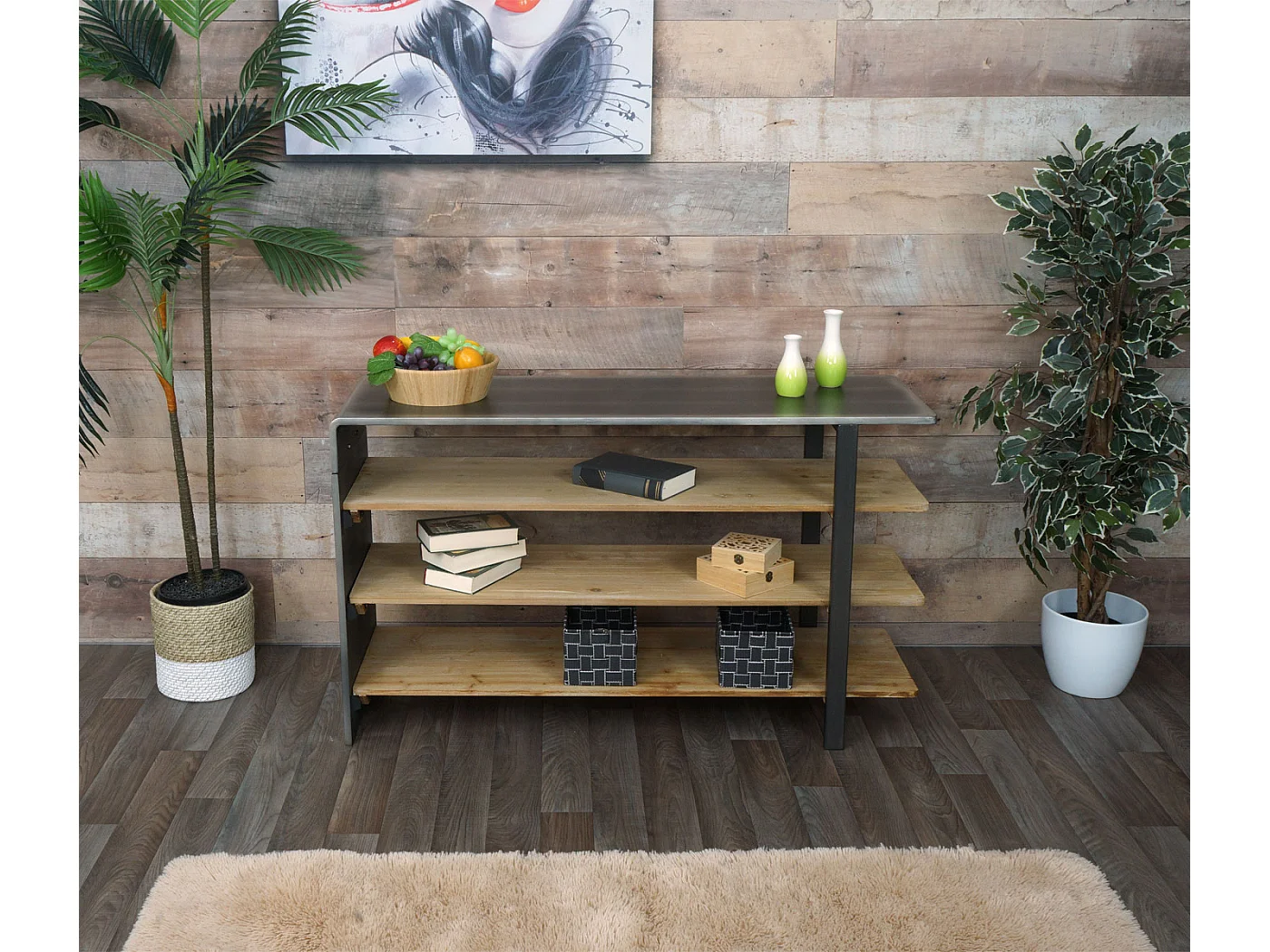 Regal MCW-L75, Wohnregal Bücherregal Schuhregal Sideboard, Massiv-Holz Industrial 72x119x40cm MVG natur mit Metall-Optik