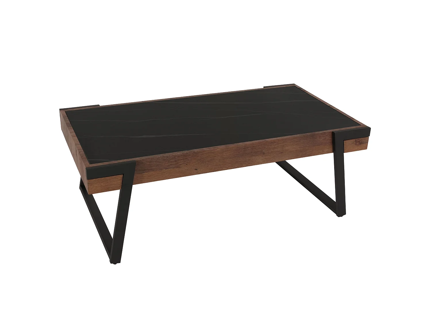 Couchtisch MCW-L89, Sofatisch Wohnzimmertisch, Eisen 43x120x64cm Sinterstein Marmor-Optik schwarz Holz dunkelbraun