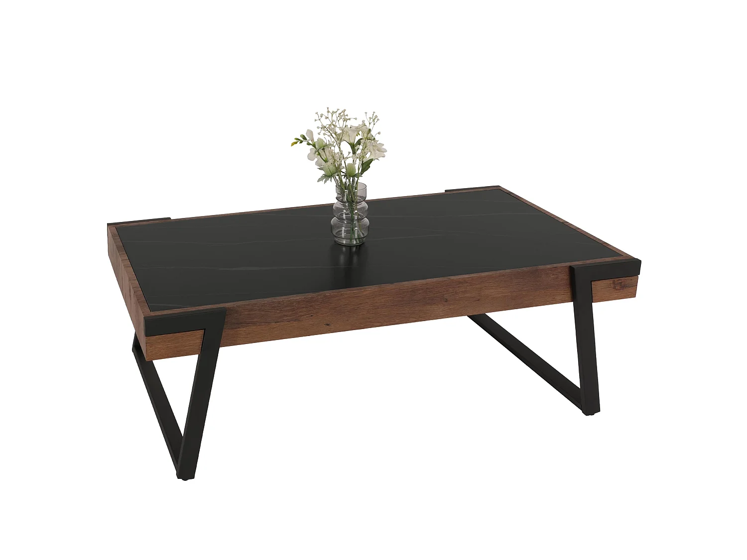 Couchtisch MCW-L89, Sofatisch Wohnzimmertisch, Eisen 43x120x64cm Sinterstein Marmor-Optik schwarz Holz dunkelbraun