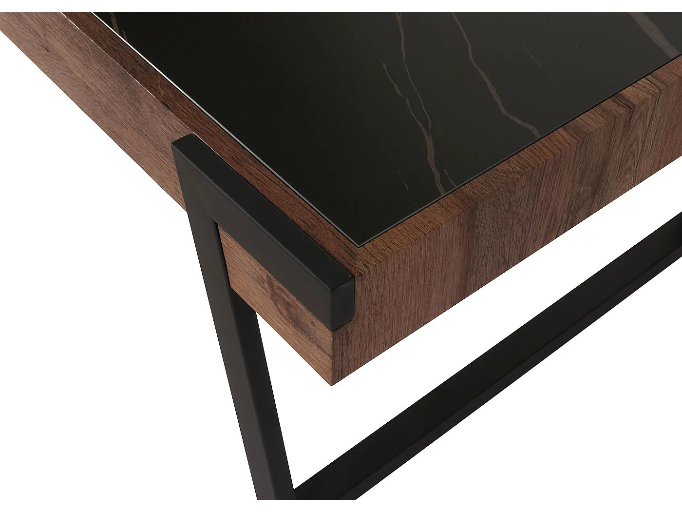 Couchtisch MCW-L89, Sofatisch Wohnzimmertisch, Eisen 43x120x64cm Sinterstein Marmor-Optik schwarz Holz dunkelbraun