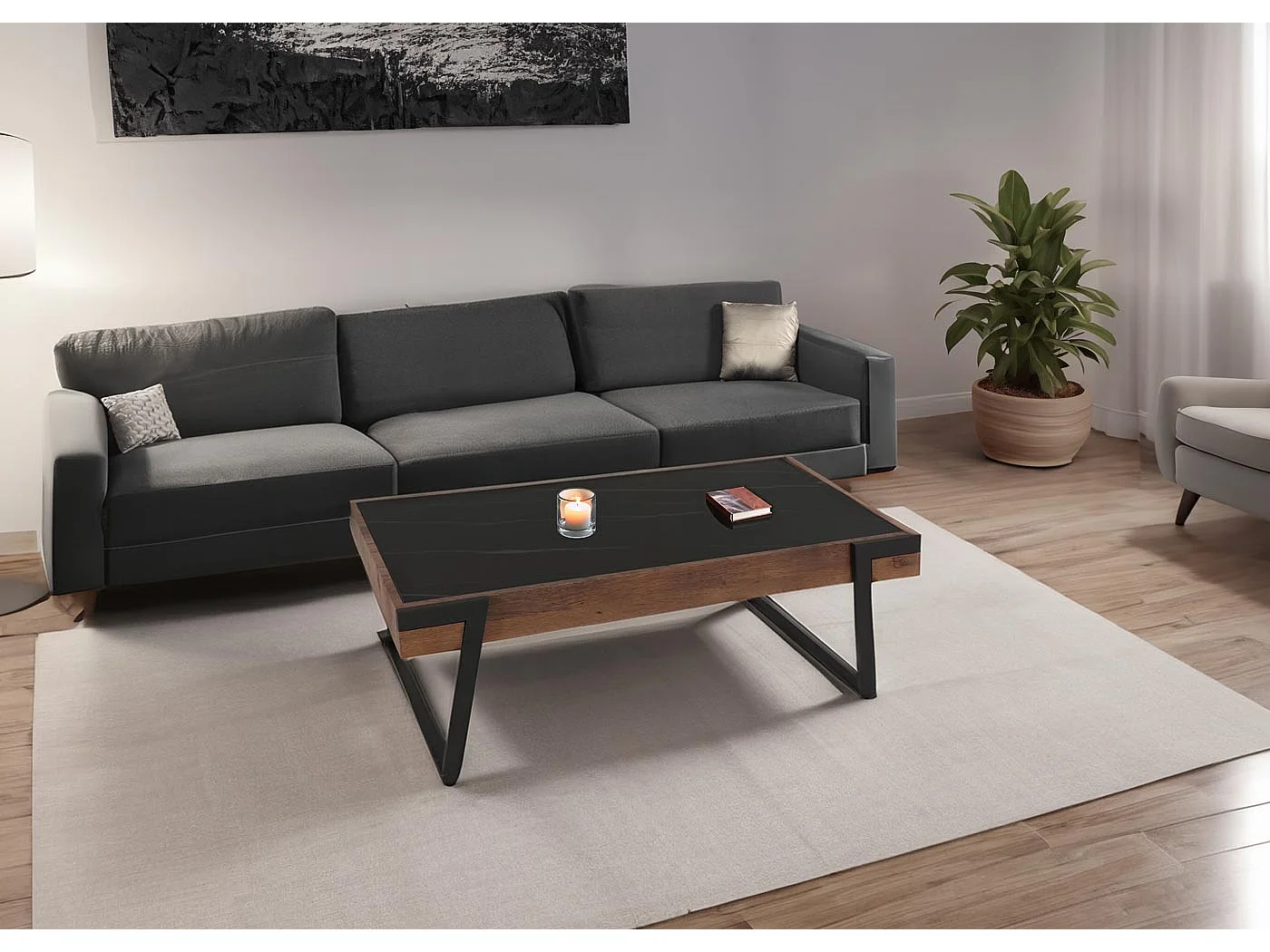 Couchtisch MCW-L89, Sofatisch Wohnzimmertisch, Eisen 43x120x64cm Sinterstein Marmor-Optik schwarz Holz dunkelbraun