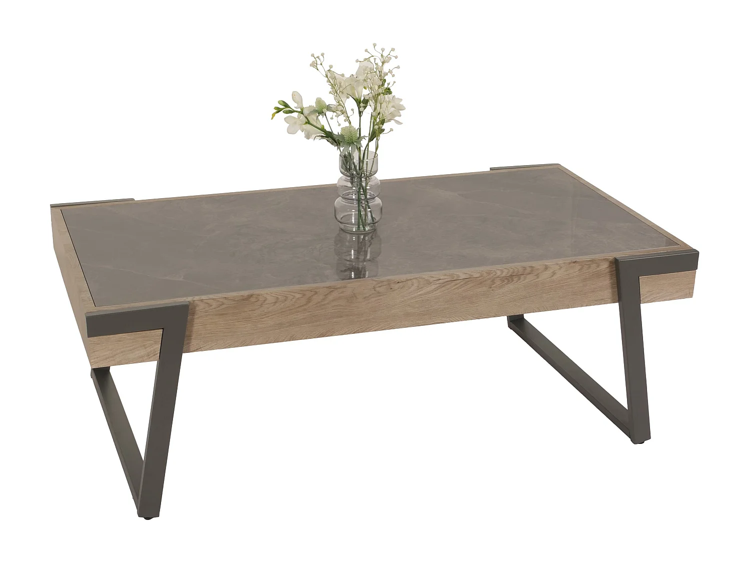 Tavolino salotto divano MCW-L89 43x120x64cm pietra sinterizzata MDF gambe nere legno grigio effetto marmo grigio marrone