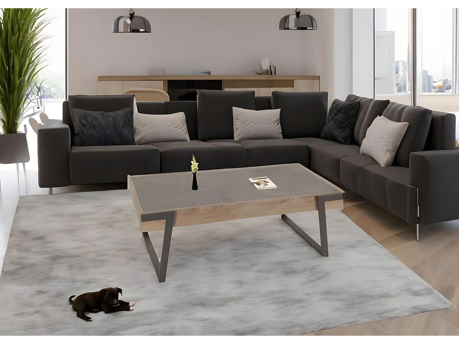 Tavolino salotto divano MCW-L89 43x120x64cm pietra sinterizzata MDF gambe nere legno grigio effetto marmo grigio marrone