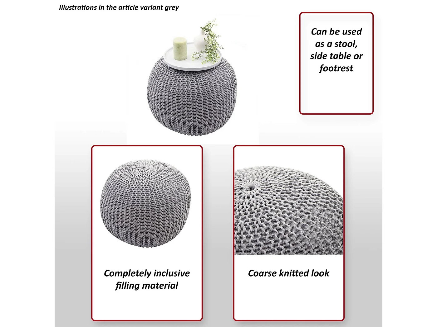 Pouf MCW-E16, Strickhocker Sitzhocker Strickpouf, Strickoptik 40x50cm, grau