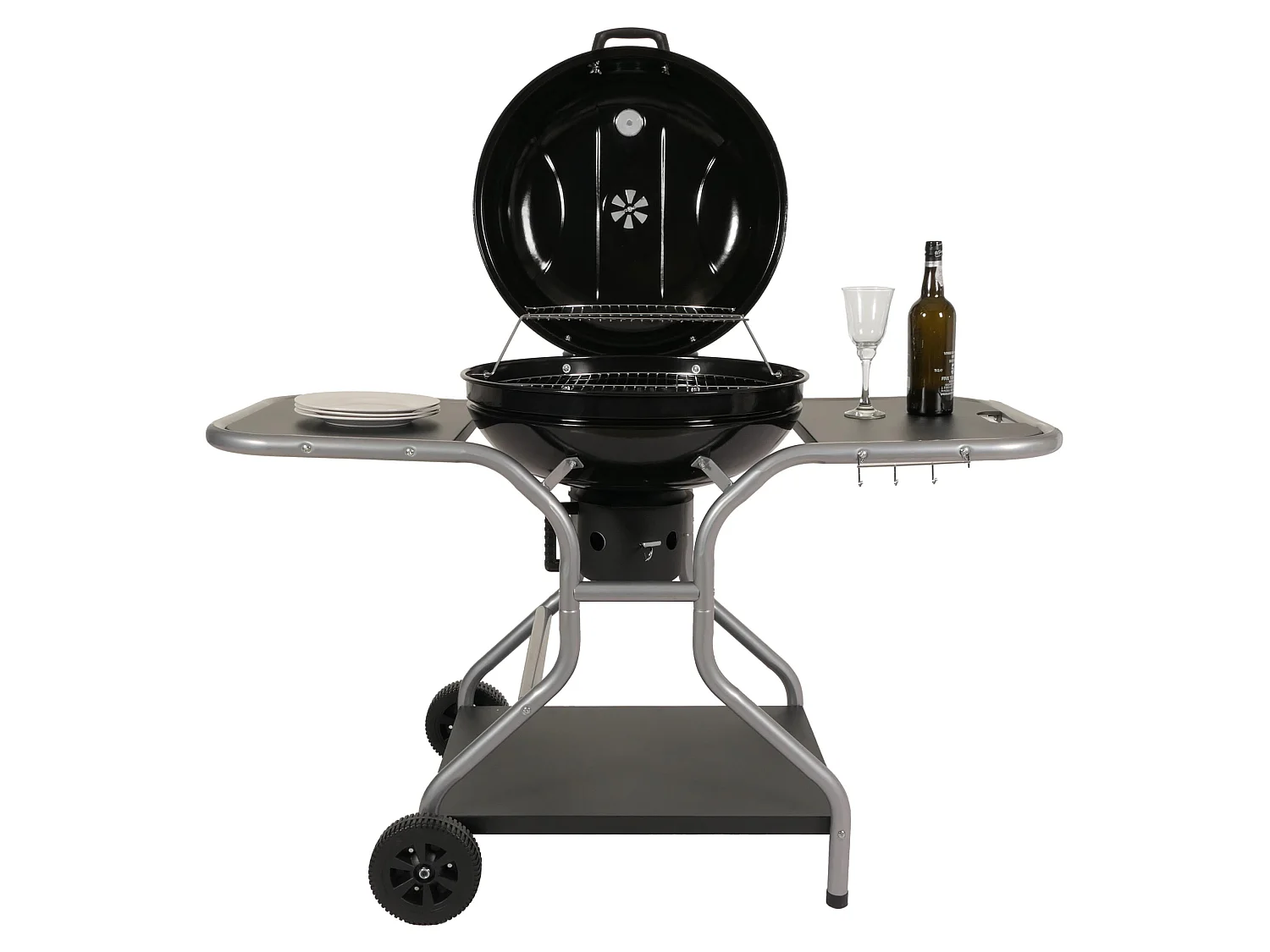 Grillwagen MCW-N16, Holzkohlegrill Kugelgrill Gartengrill mit Deckel drei Ablagen, Stahl Emaille 143x131x66cm schwarz