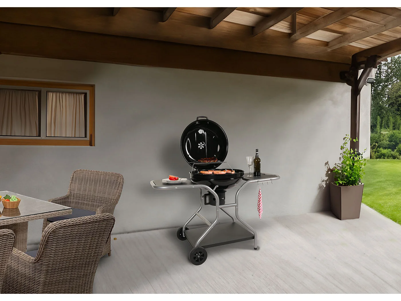 Grillwagen MCW-N16, Holzkohlegrill Kugelgrill Gartengrill mit Deckel drei Ablagen, Stahl Emaille 143x131x66cm schwarz