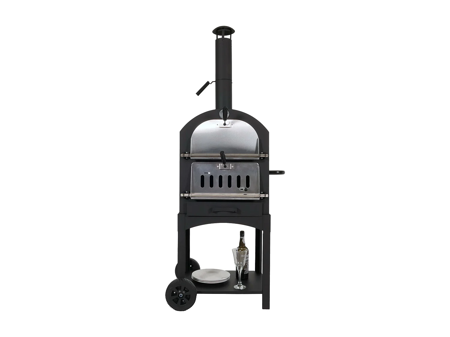 Forno per pizza da giardino doppia griglia pietra refrattaria con ruote MCW-N15 166x70x48cm acciaio nero