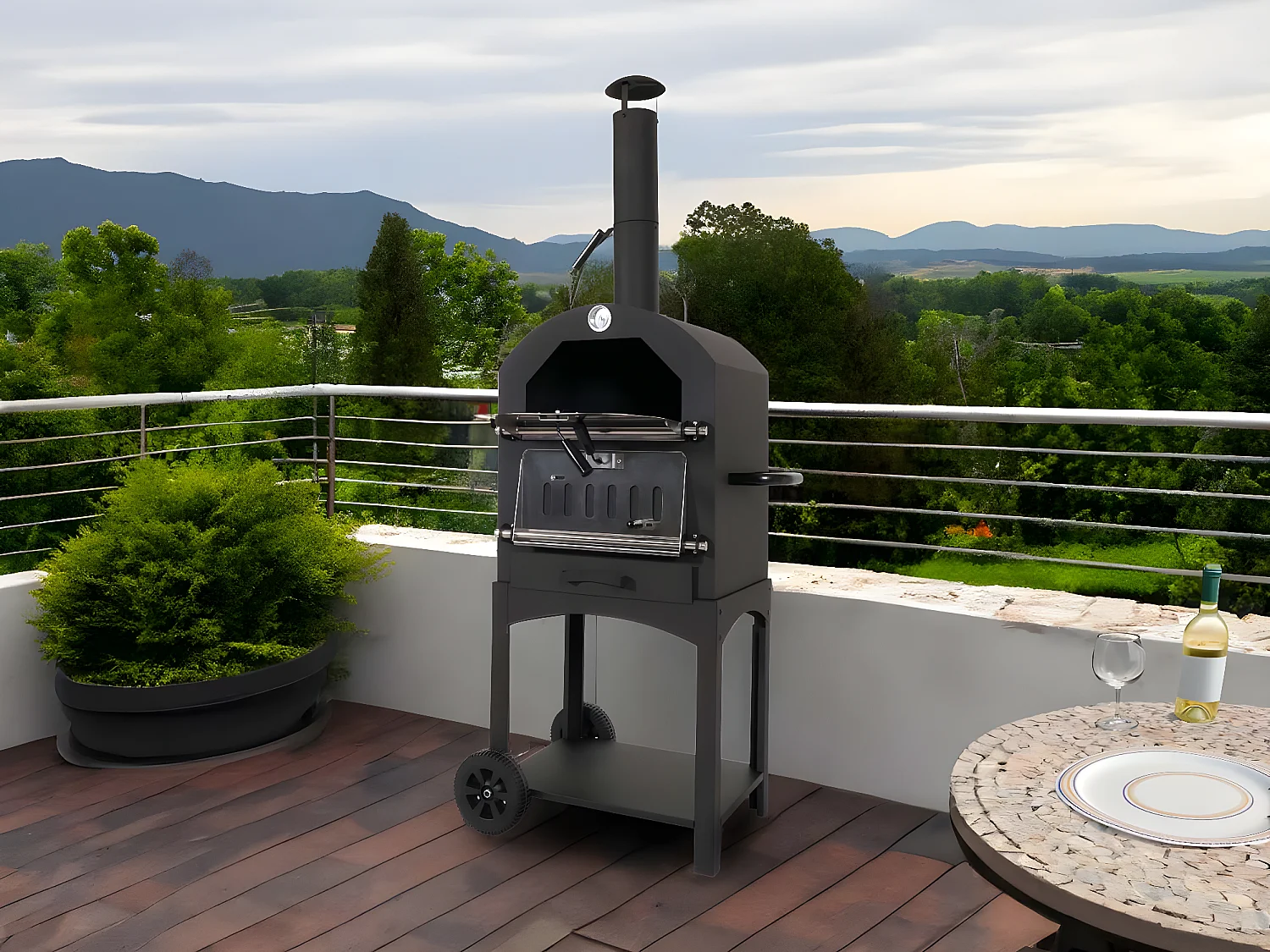 Forno per pizza da giardino doppia griglia pietra refrattaria con ruote MCW-N15 166x70x48cm acciaio nero