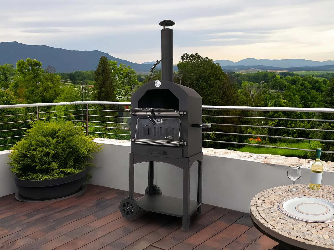 Holzkohlegrill MCW-N15, Pizzaofen Kaminofen, Grillrost Holzkohlerost Pizzastein, Stahl schwarz hochtemperaturlackiert