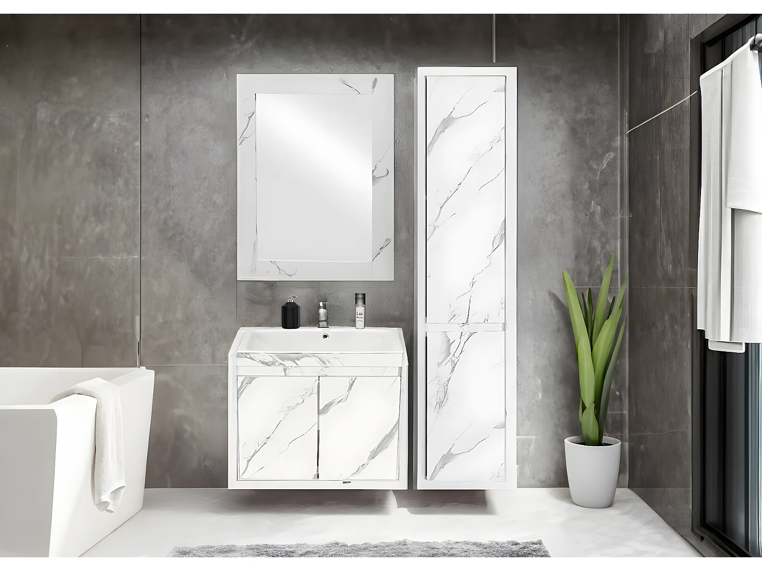 Armoire suspendue MCW-L86,  aspect marbre blanc