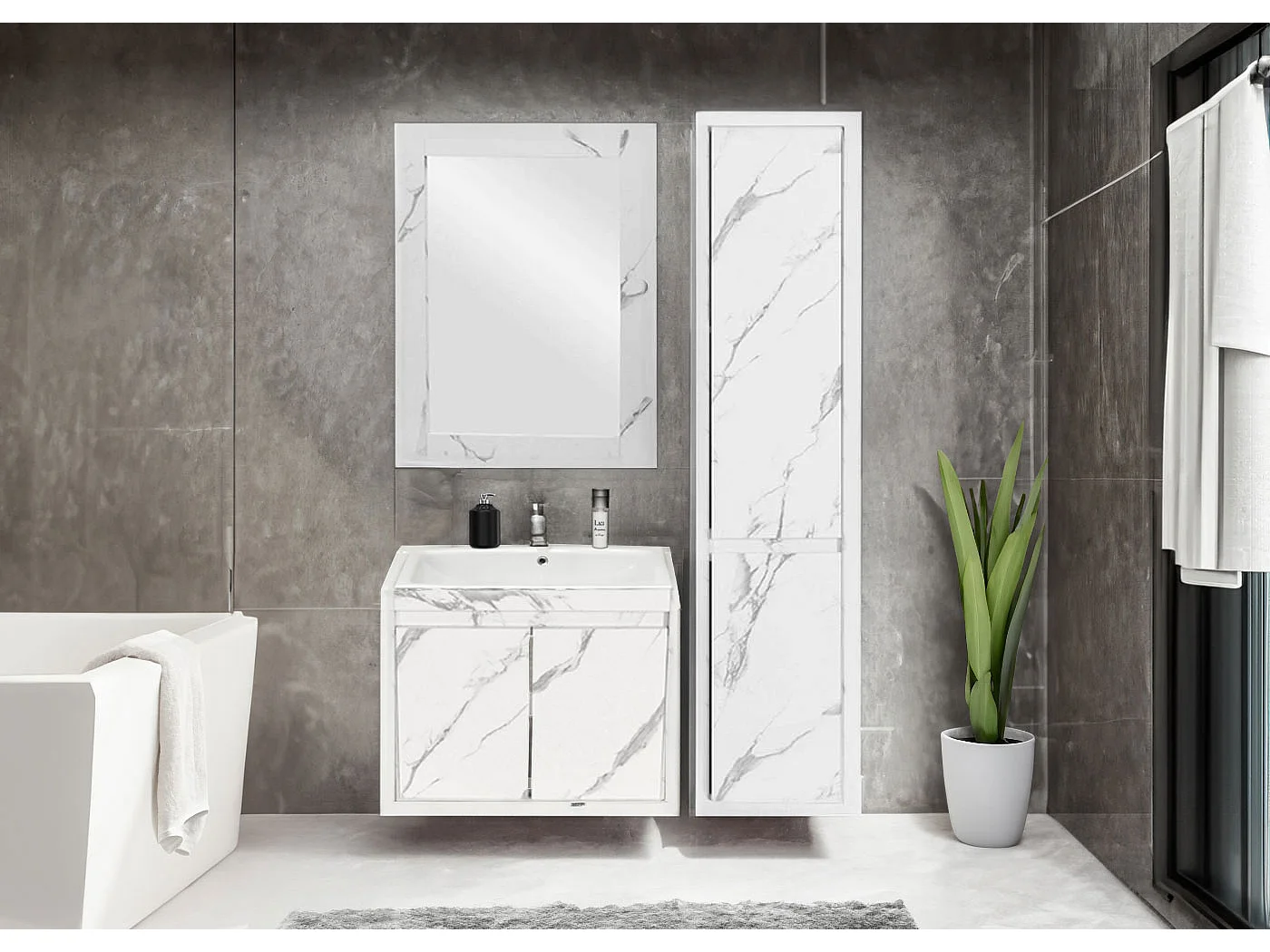 Armoire suspendue MCW-L86,  aspect marbre blanc