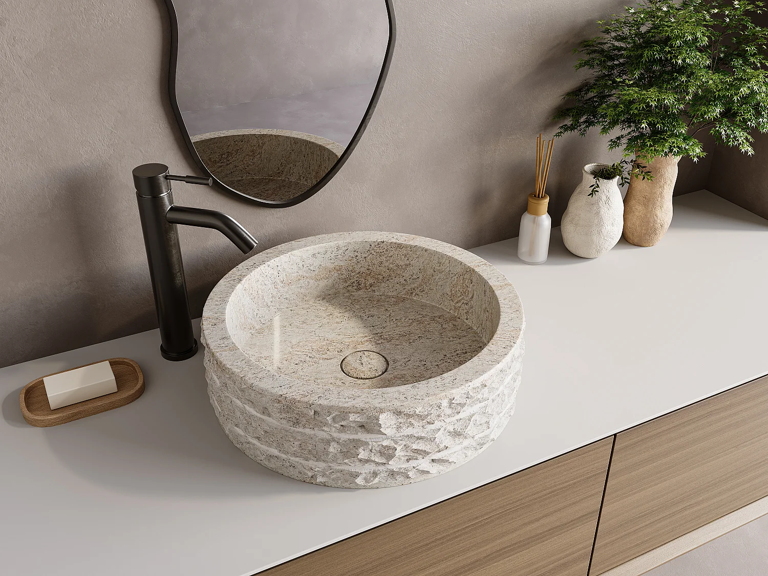 Lavatório de pousar em mármore cor creme D40 cm - CIRILA