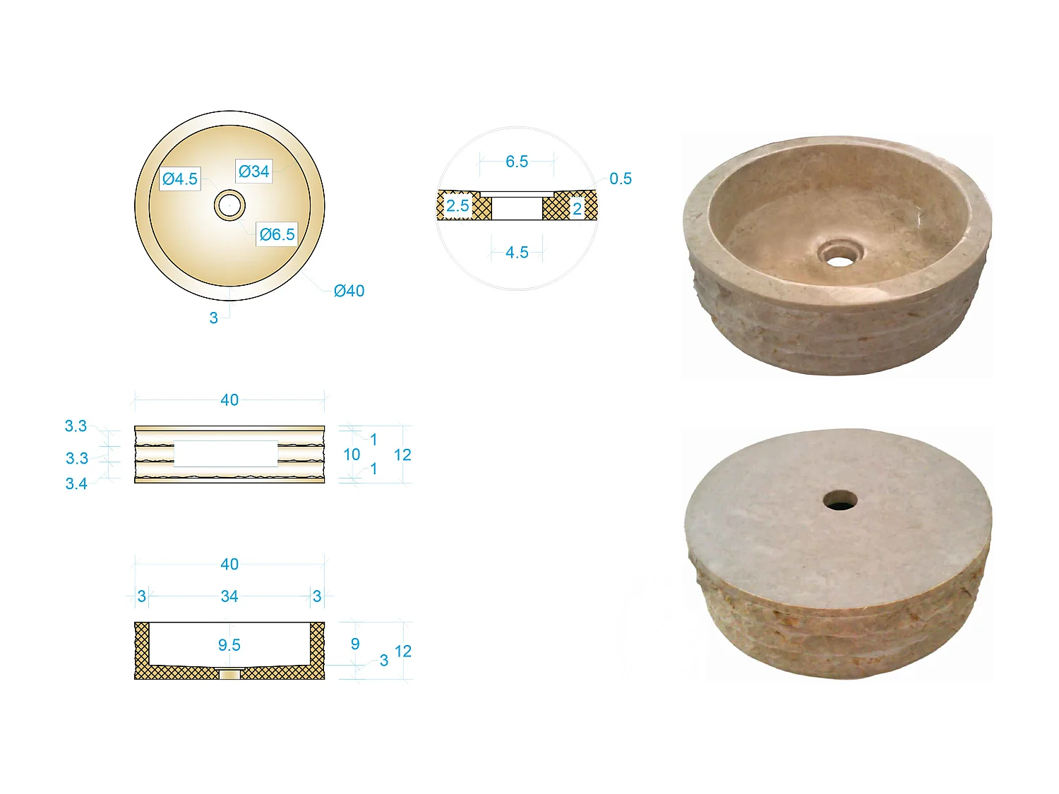 Opzetwastafel in marmer - Crème - Ø40 cm - CIRILA