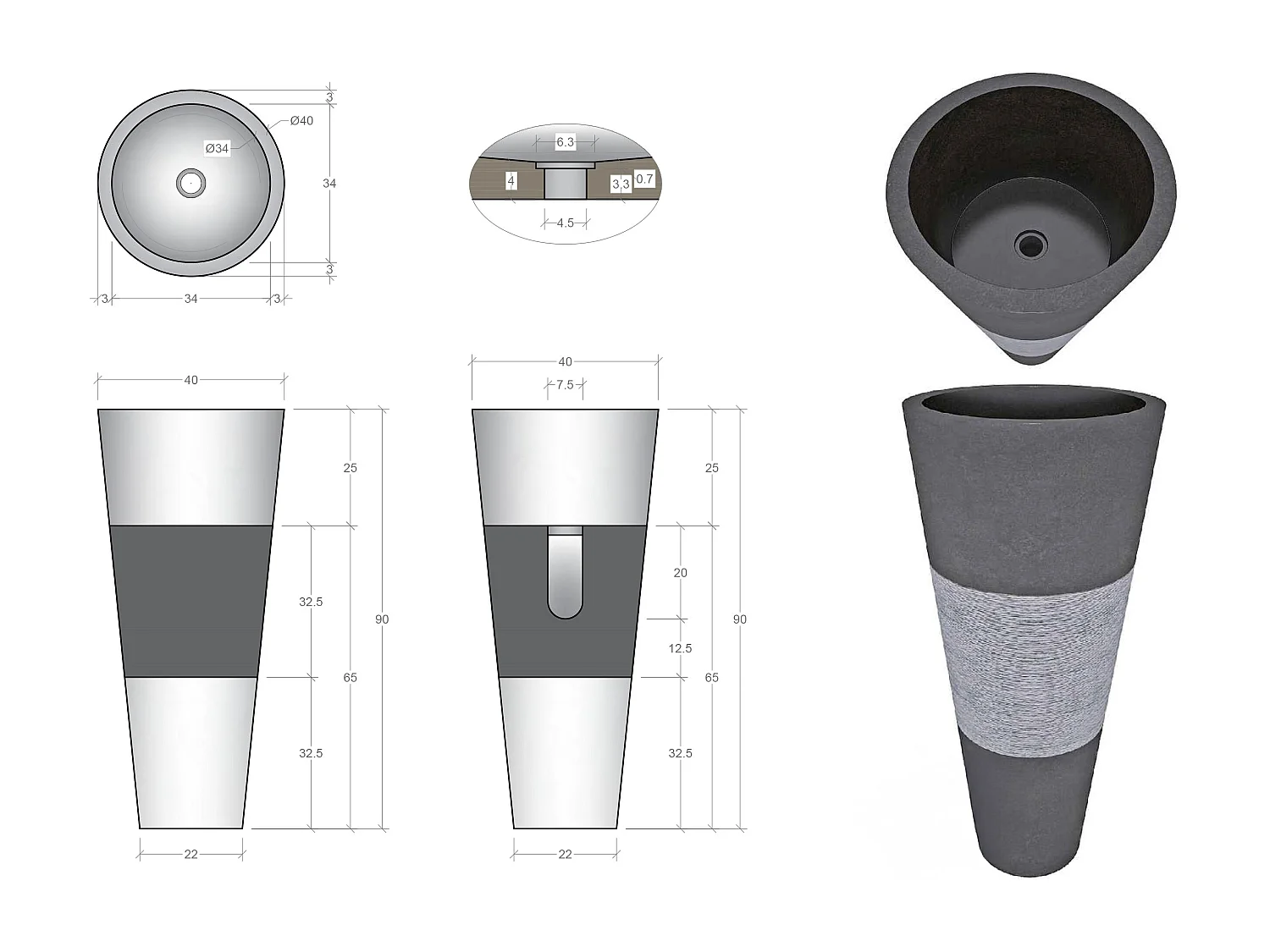 Vasque sur pied en marbre - Coloris noir - L40 x P40 x H90 cm - PULOA