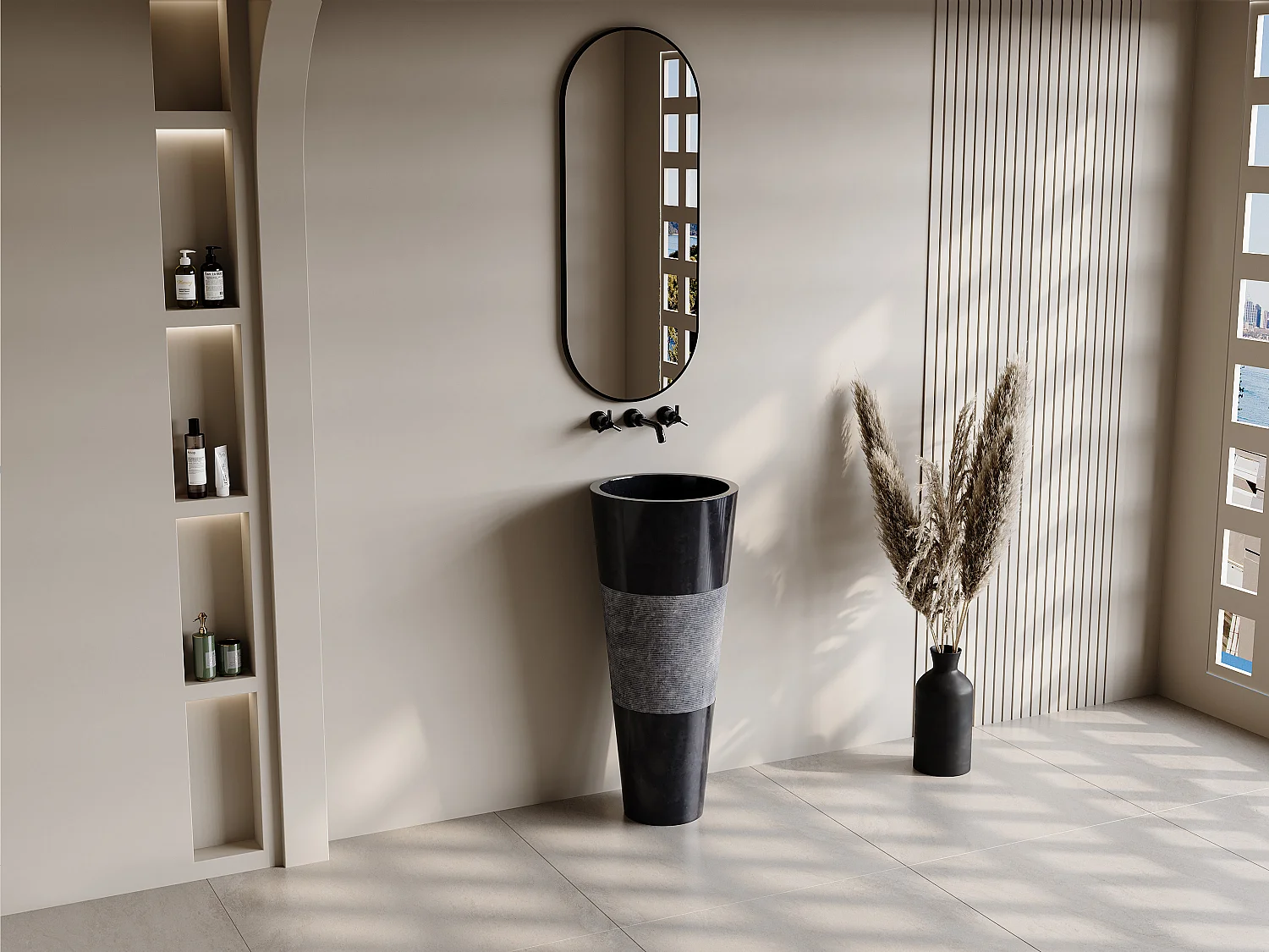 Vasque sur pied en marbre - Coloris noir - L40 x P40 x H90 cm - PULOA