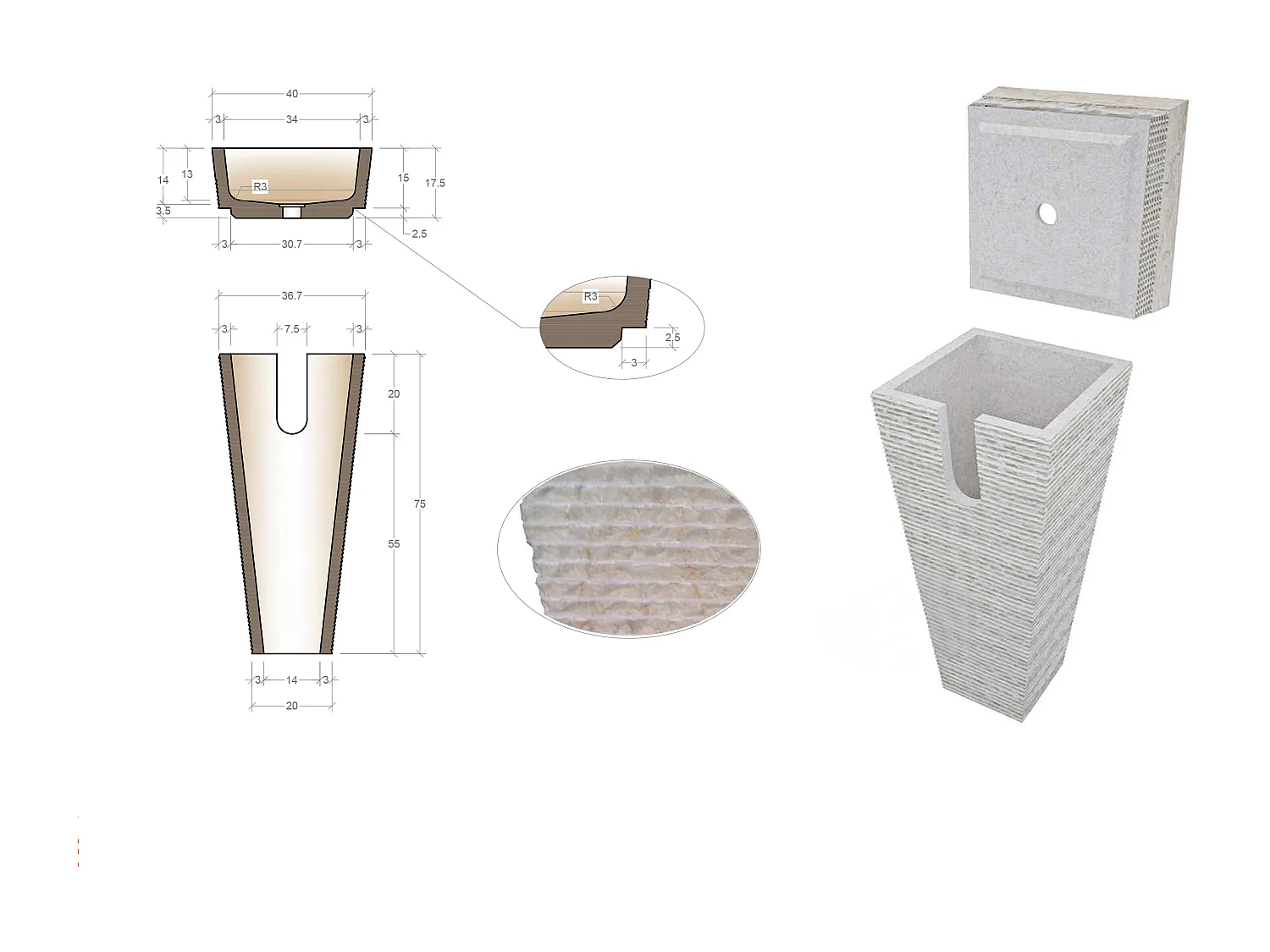 Vasque sur pied en marbre - Coloris crème - L40 x P40 x H90 cm - STORTA