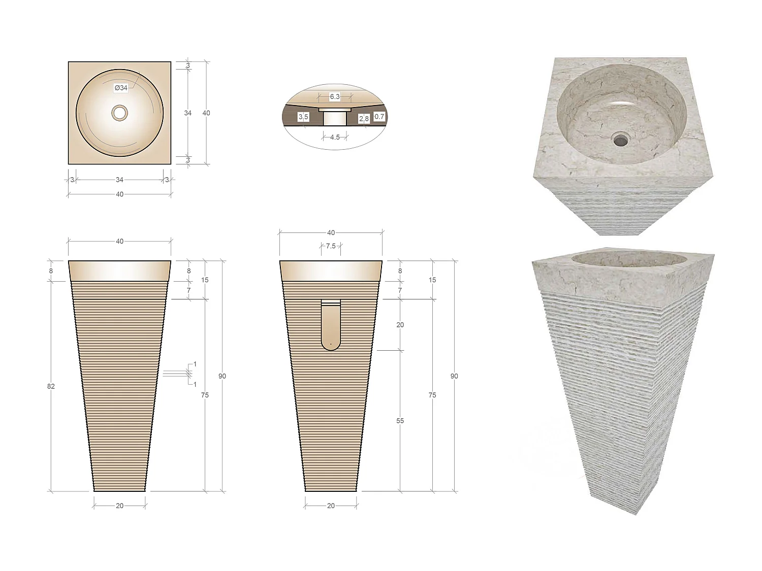 Vasque sur pied en marbre - Coloris crème - L40 x P40 x H90 cm - STORTA