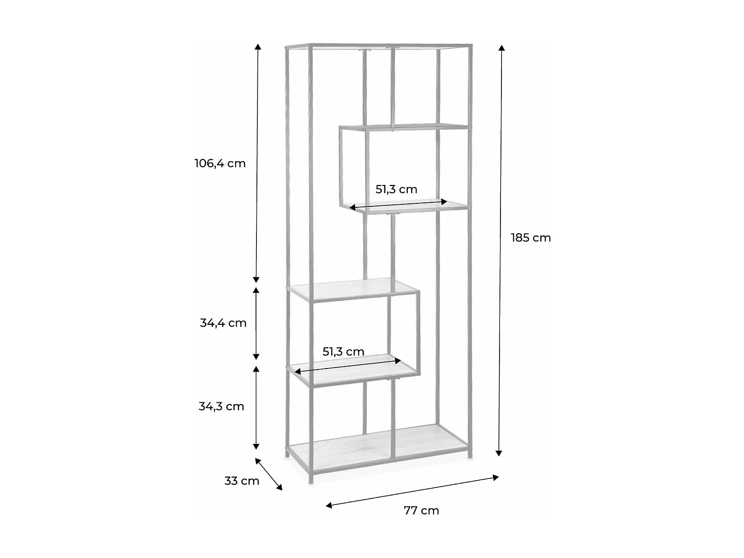 Etagère en métal noir et décor bois - Loft - bibliothèque 6 niveaux. L 77 x l 33 x H 185cm