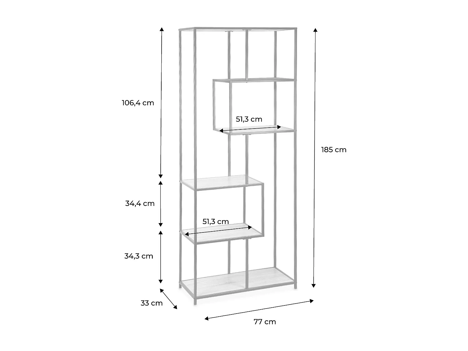 Etagère en métal noir et décor bois - Loft - bibliothèque 6 niveaux. L 77 x l 33 x H 185cm