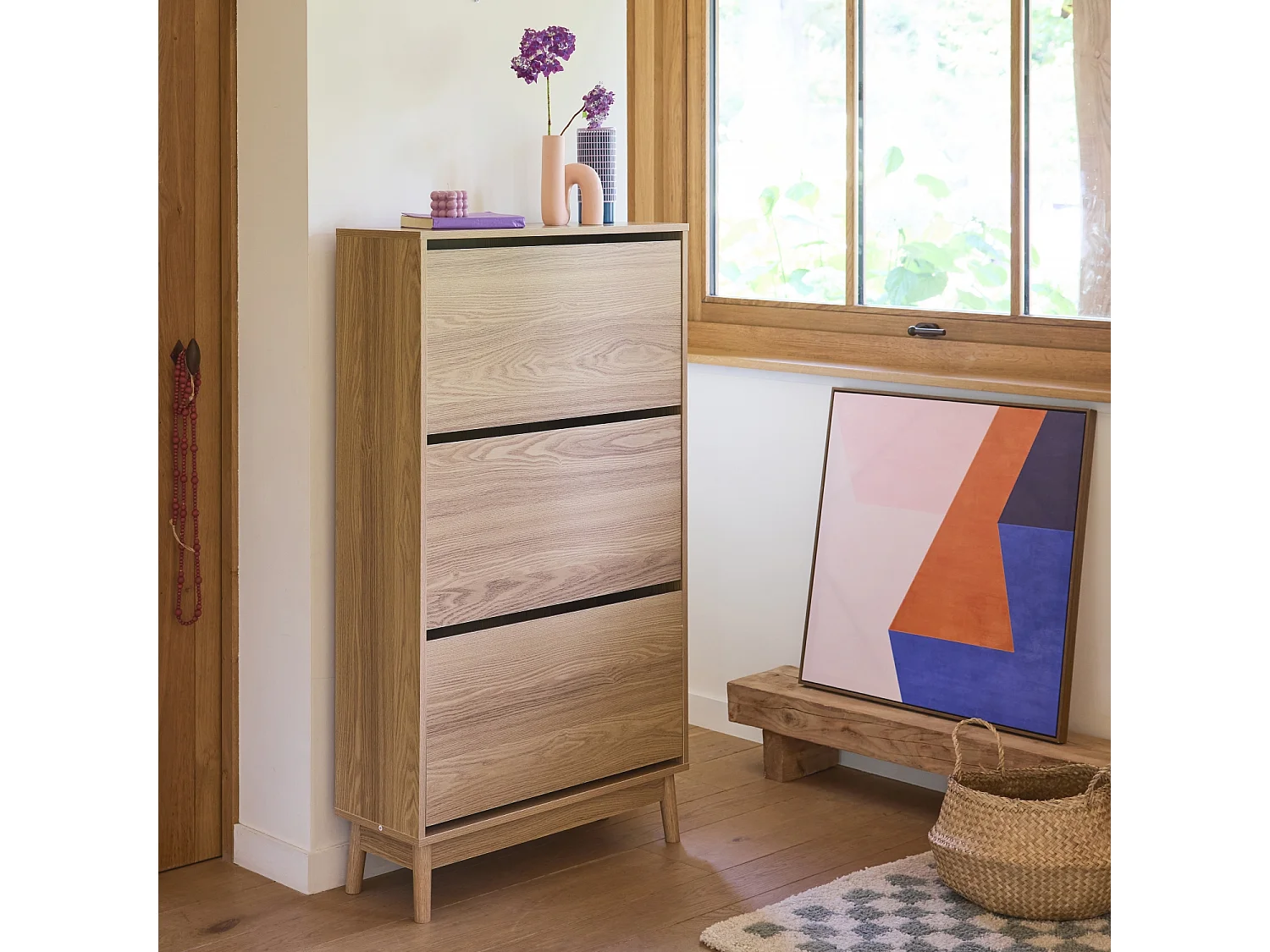 Mueble zapatero escandinavo, decoración en madera natural