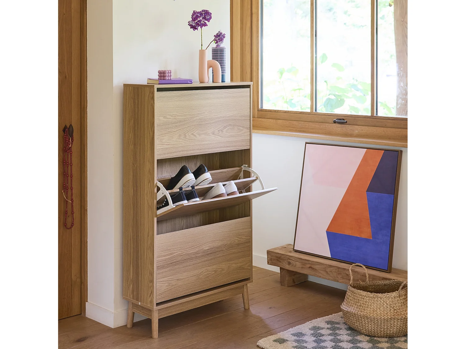 Mueble zapatero escandinavo, decoración en madera natural