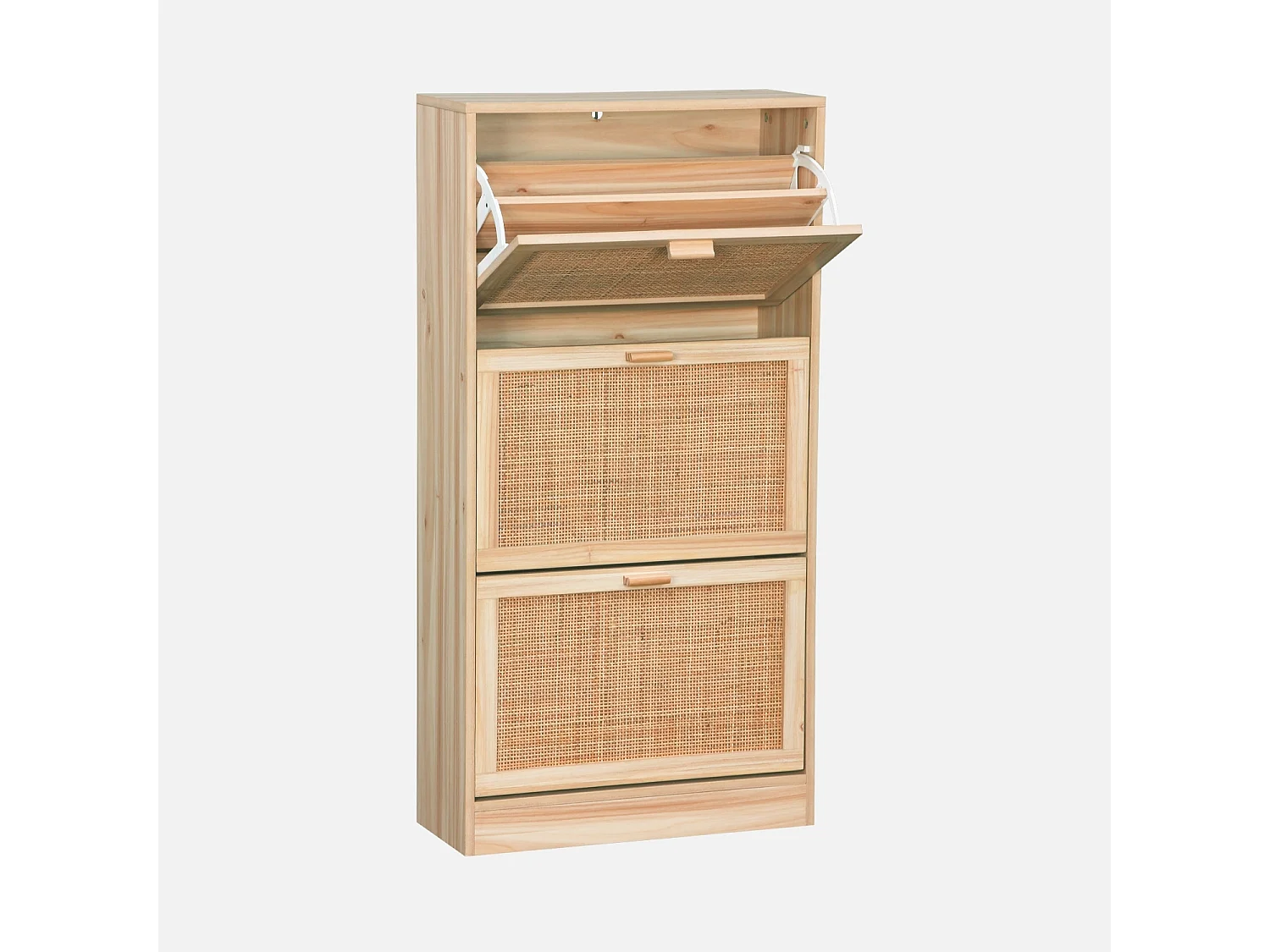 Scarpiera con decoro in canna e legno a 3 ante, marrone naturale