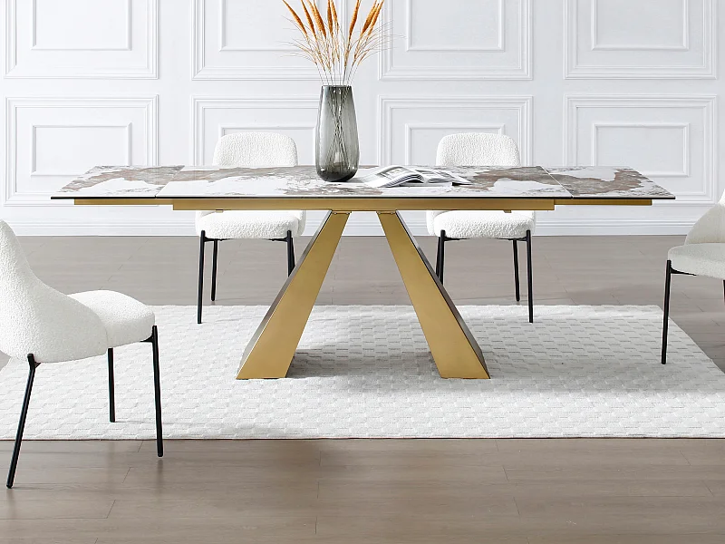 Esstisch ausziehbar - 6 bis 10 Personen - Sicherheitsglas, Keramik & goldfarbenes Metall - Marmor-Optik Schwarz & Taupe - LOZIPA von Maison Céphy