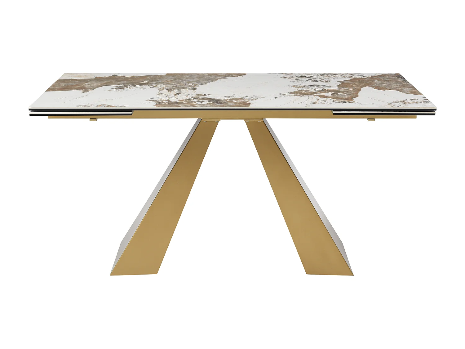 Uitschuifbare eettafel voor 6 tot 10 personen van gehard glas, keramiek en goudkleurig metaal - Wit en taupegrijs marmereffect - LOZIPA van Maison Céphy