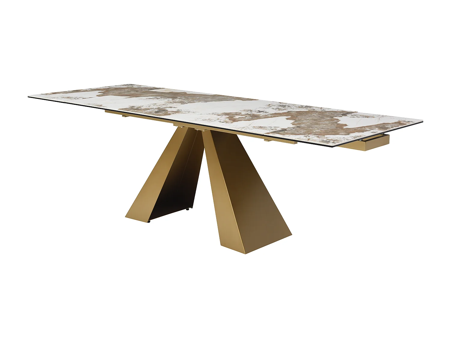 Uitschuifbare eettafel voor 6 tot 10 personen van gehard glas, keramiek en goudkleurig metaal - Wit en taupegrijs marmereffect - LOZIPA van Maison Céphy