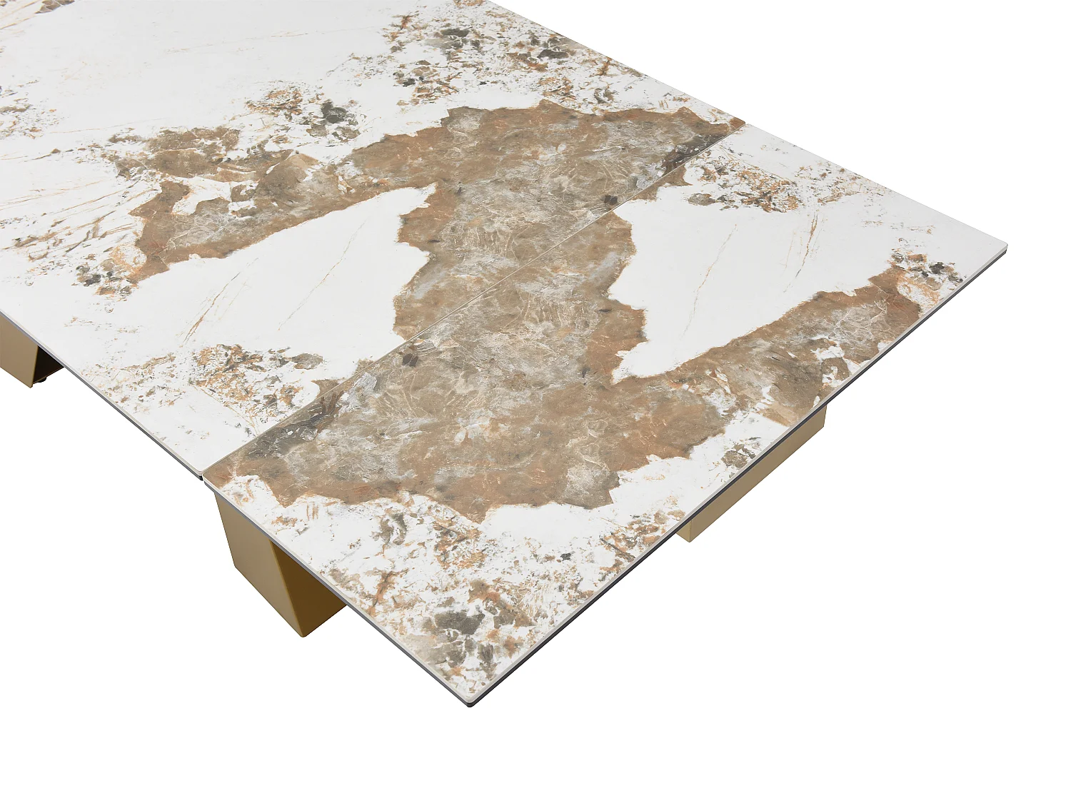 Uitschuifbare eettafel voor 6 tot 10 personen van gehard glas, keramiek en goudkleurig metaal - Wit en taupegrijs marmereffect - LOZIPA van Maison Céphy