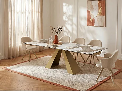 Table à manger extensible 6 à 10 personnes en verre trempé, céramique et métal doré - Effet marbre blanc et taupe - LOZIPA de Maison Céphy