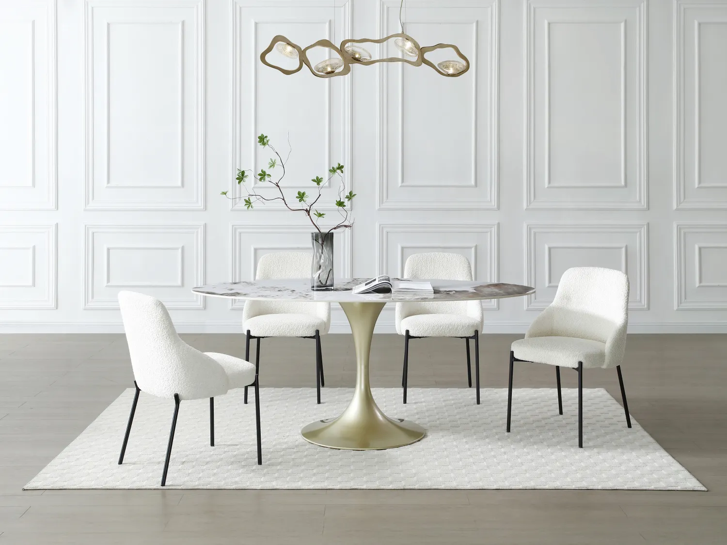 Eettafel voor 8 personen van keramiek en goudkleurig metaal - Wit marmereffect en grijs - ELVA van Maison Céphy